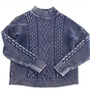 HOUSE OF HARLOW 1960 Sweater Cable Knit Mock Neck Chunky Navy Blue Cotton Sz M
